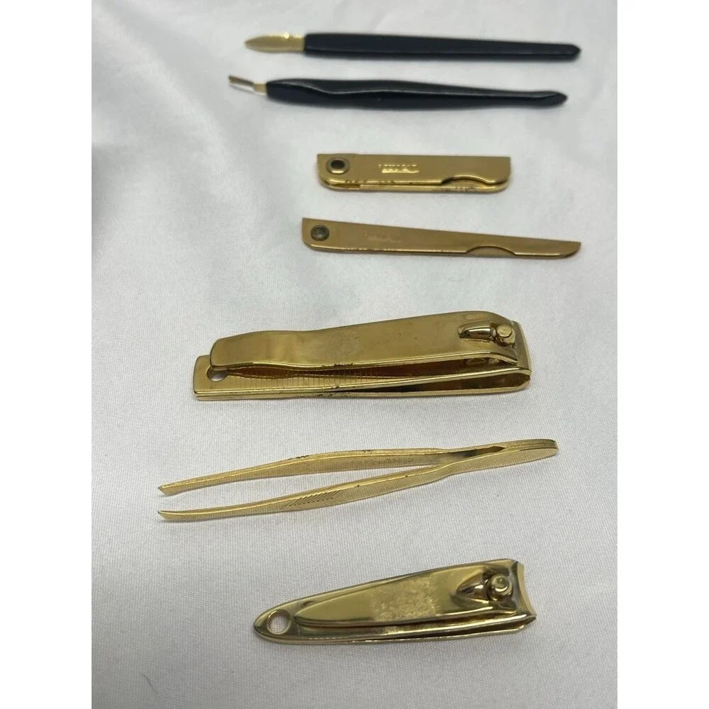Vintage Bassett USA Trim Nail Grooming Kit Gold Tone Clippers Tweezers Blade 7pc